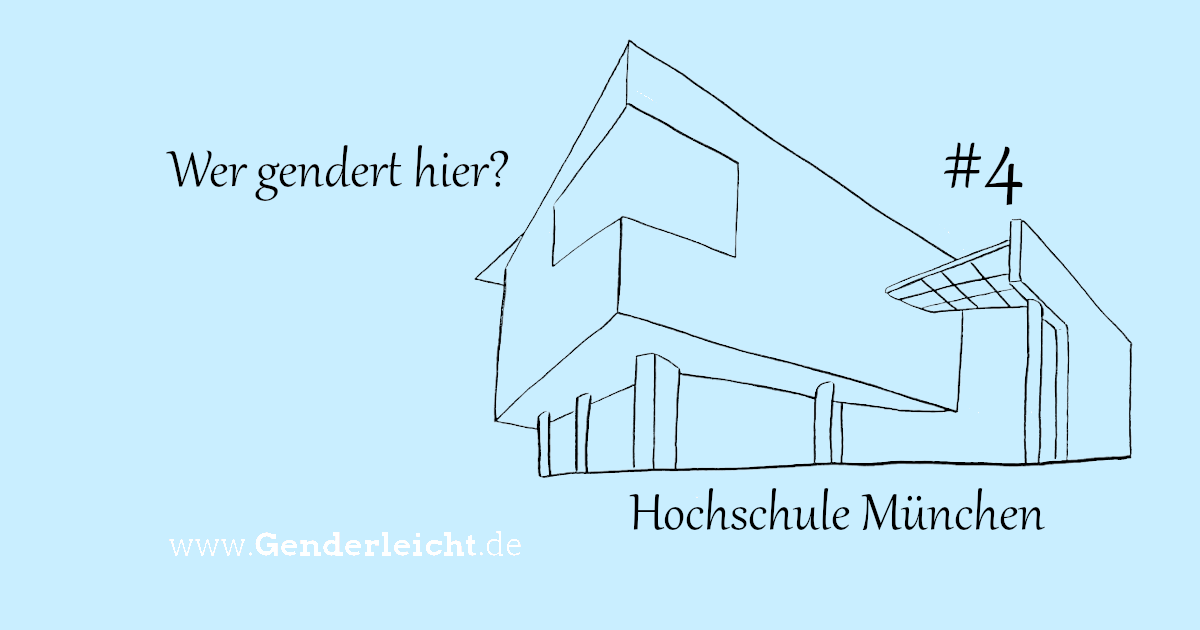 Silhouette Hochschule München - schwarze Linie auf hellblauem Hintergrund - mit der Frage: Wer gendert hier?