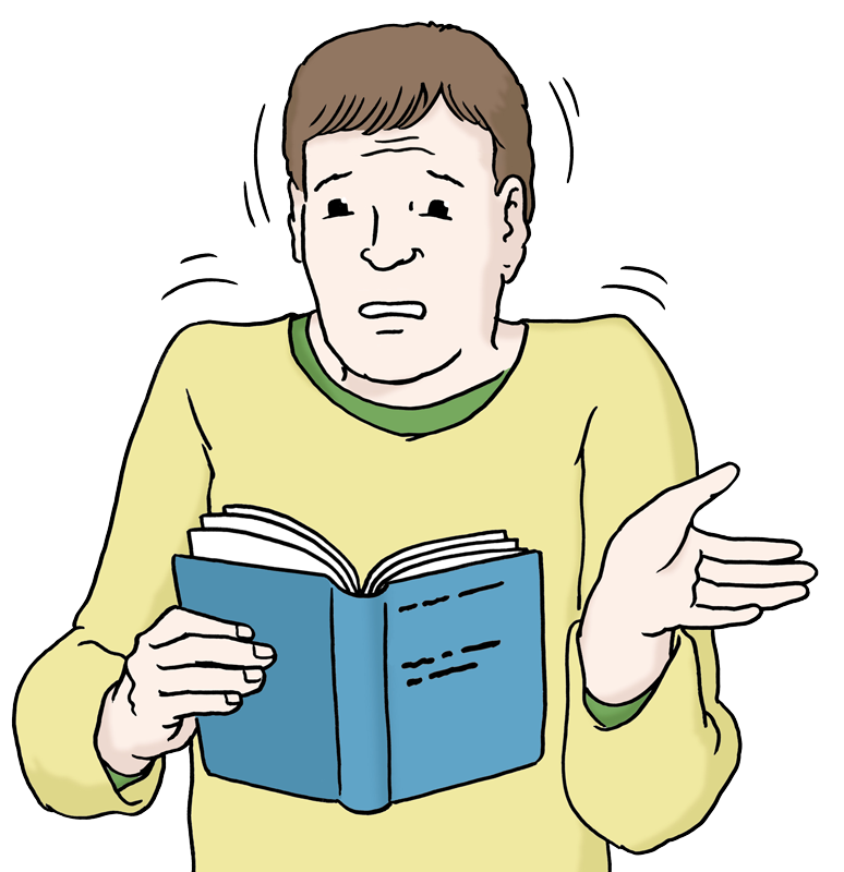 Zeichnung: Ein Mann zuckt mit den Achsel. Er hält ein Buch in der Hand und versteht etwas nicht.