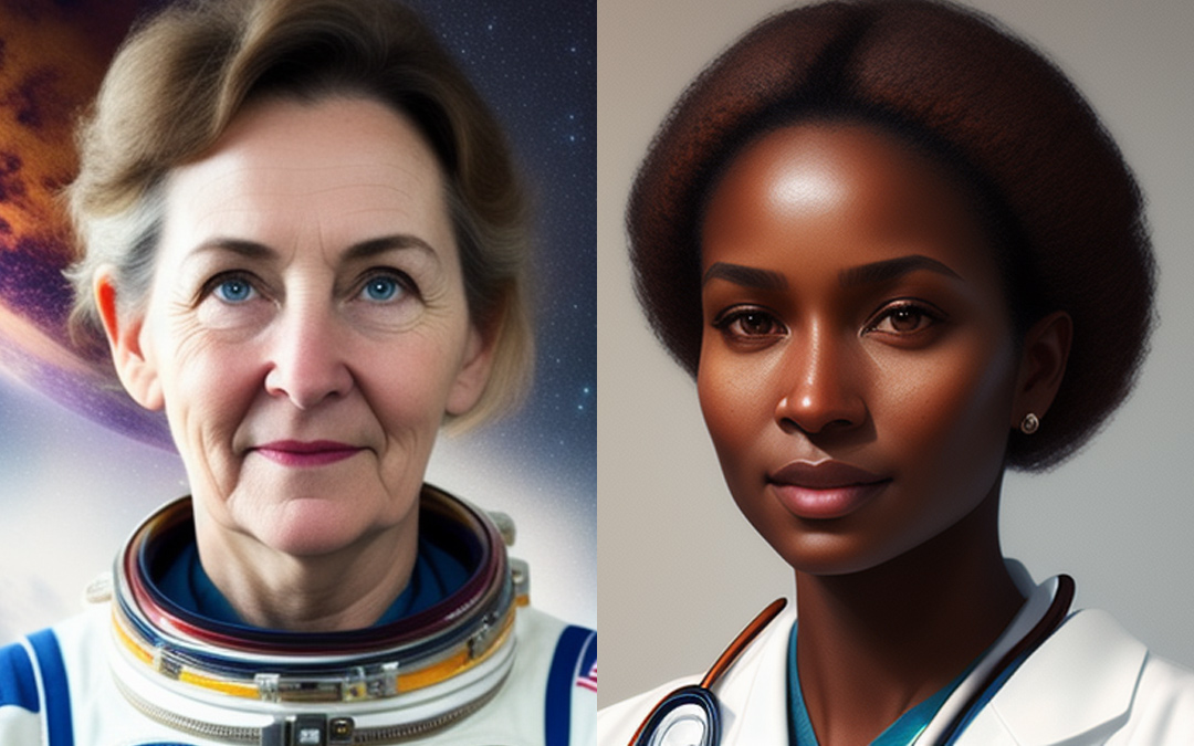 Vom Bildgenerator „Miss Journey“ erstellte Porträts einer Astronautin und einer Ärztin. Die Astronautin ist eine ältere, weiße Frau, die Ärztin eine junge Schwarze Frau.