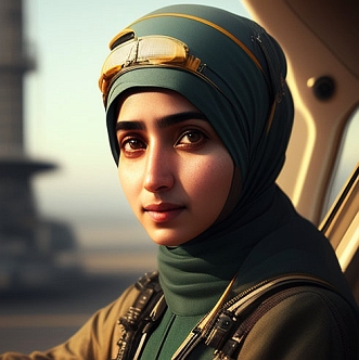 KI-generiertes Porträt einer Pilotin. Sie trägt ein grünes Kopftuch und Uniform.