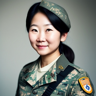 KI-generiertes Porträt einer Soldatin. Die asiatisch aussehende Frau trägt eine militärische Uniform.