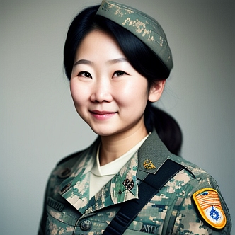 Soldatin Miss Journey KI-generiertes Porträt einer Soldatin. Die asiatisch aussehende Frau trägt eine militärische Uniform.