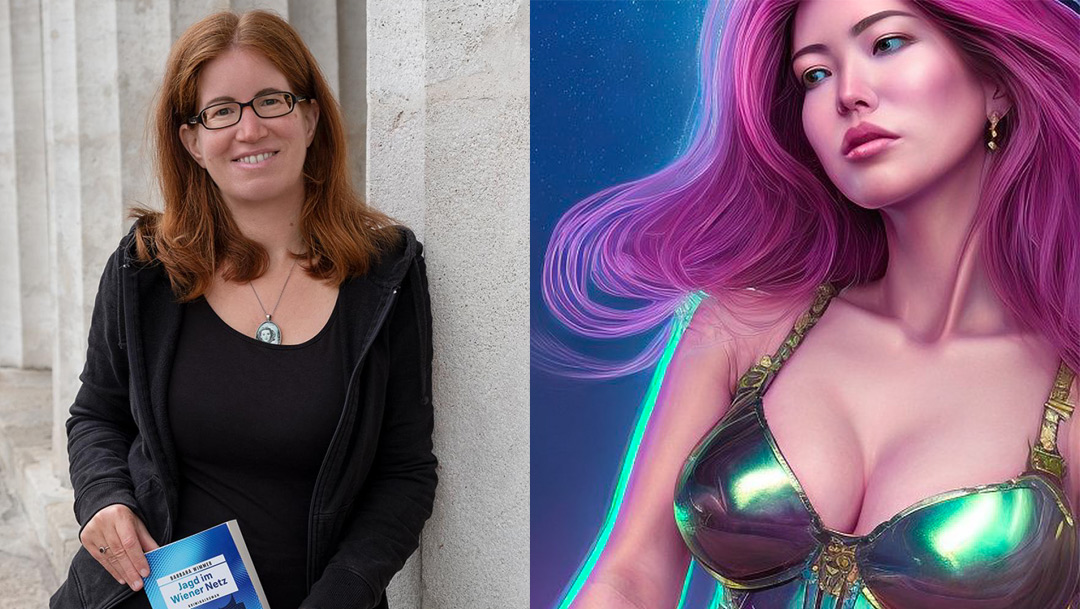 Links steht eine Frau mittleren Alters, mit Brille und roten Haaren, sie hält ihr Buch in der Hand. Sie trägt legere Kleidung, schwarz, T-Shirt und Sweatshirtjacke. Rechts ist ihr Avatar zu sehen: eine sexy Zeichnung mit großen Brüsten mit metallisch glänzendem Top und lilafarbenen Haare. Die Gesichtszüge ähneln der Frau links.