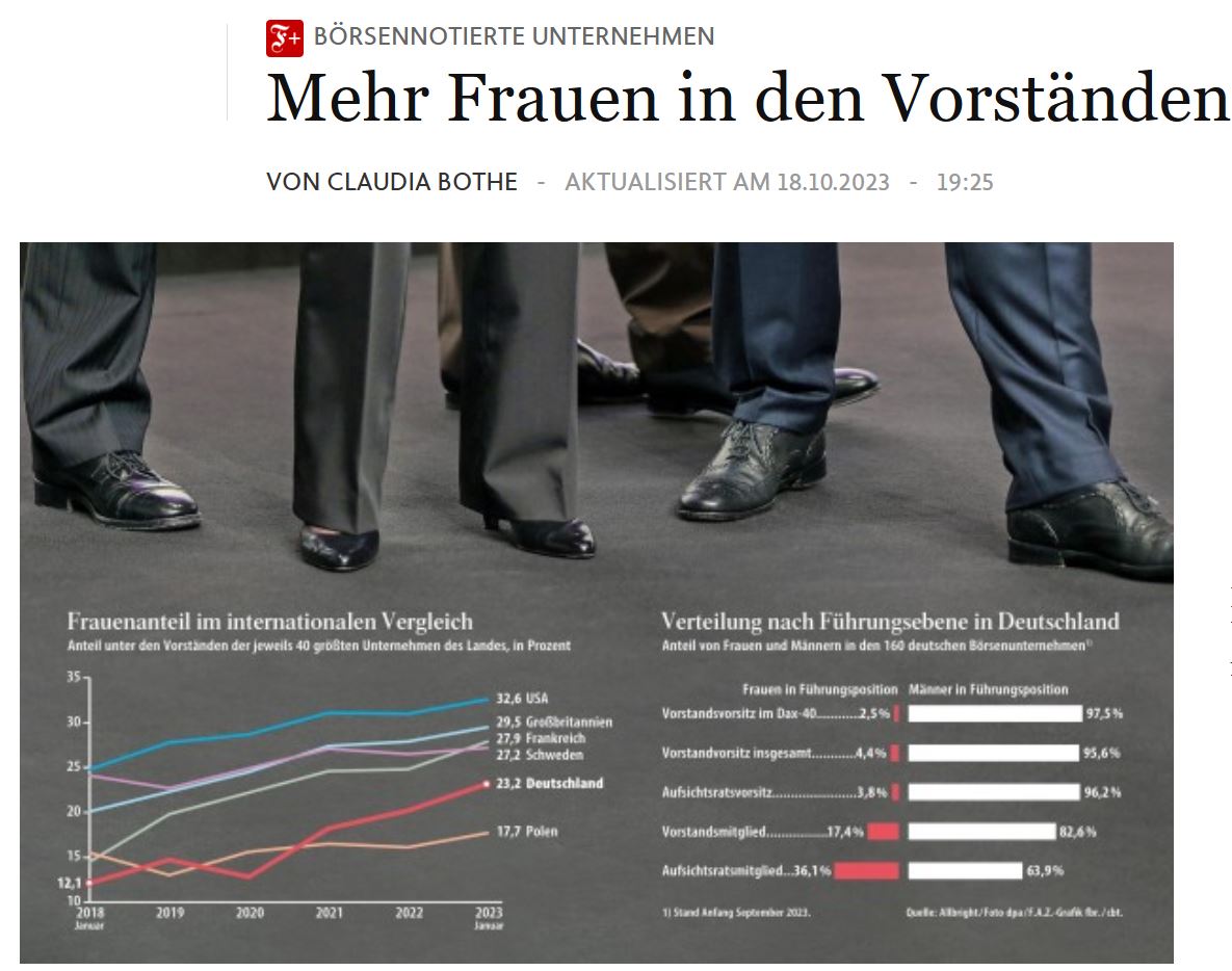 Blick auf vier Paar Hosenbeine, eine Person trägt Pumps
