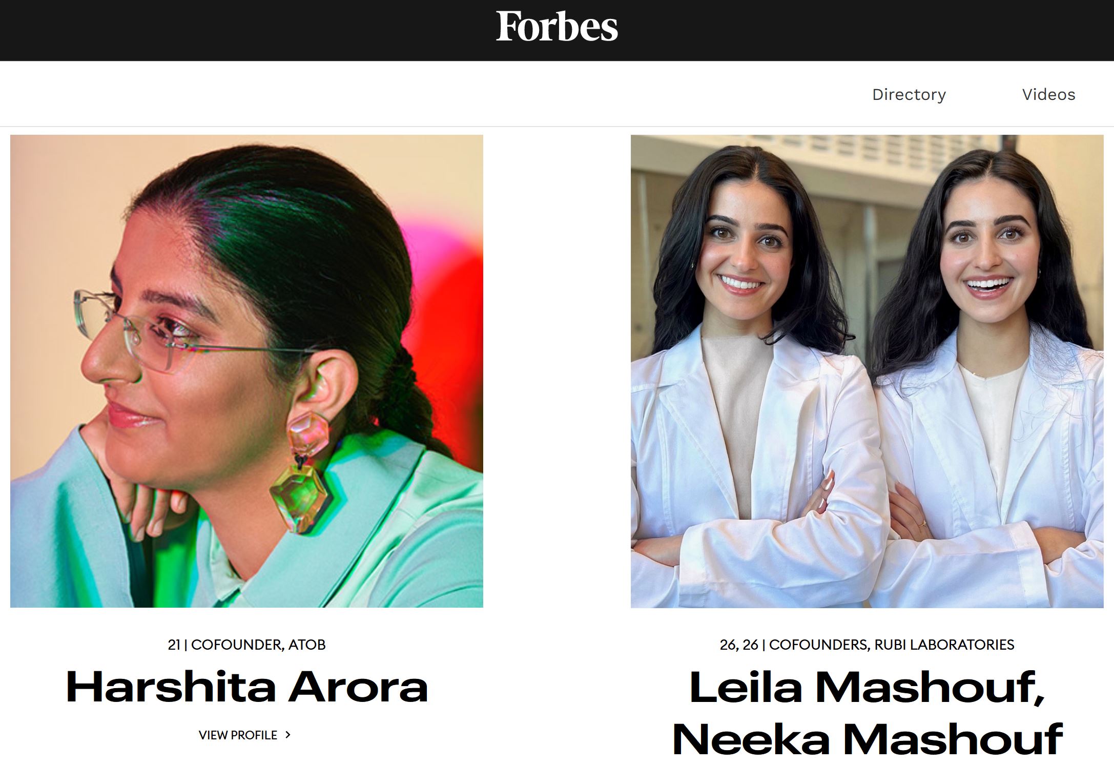 Screenshot mit den Portraits von Harshita Arora und den Zwillingen Leila und Neeka Mashouf