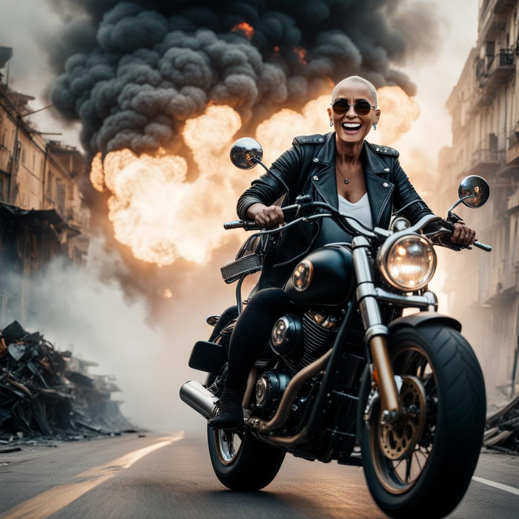 Ältere Frau mit kurzen Haaren, Sonnenbrille und Lederjacke fährt lachend auf einem Motorrad