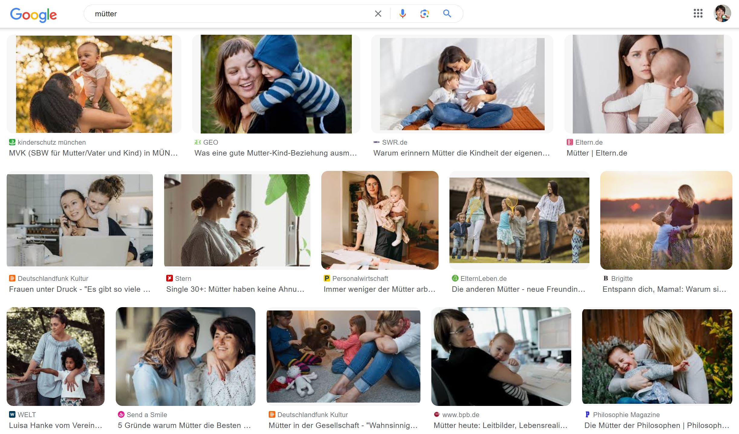 Screenshot Googlebildersuche mit Begriff "Mütter"