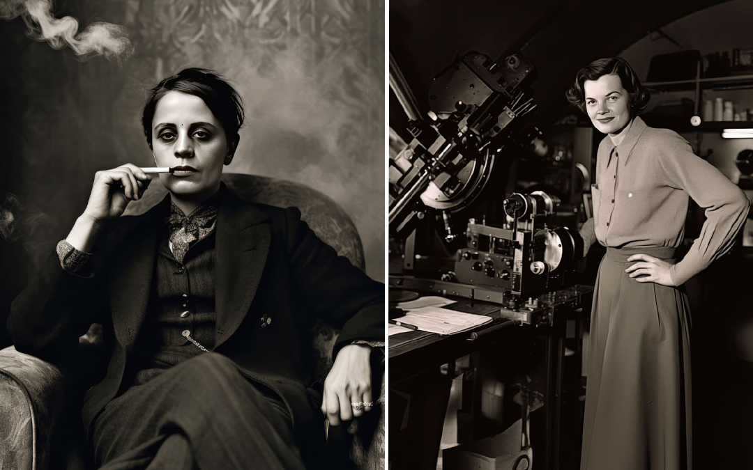KI-generiertes Bild: zwei Portraits von Frauen im Stil von historischen schwarz-weiß-Fotos