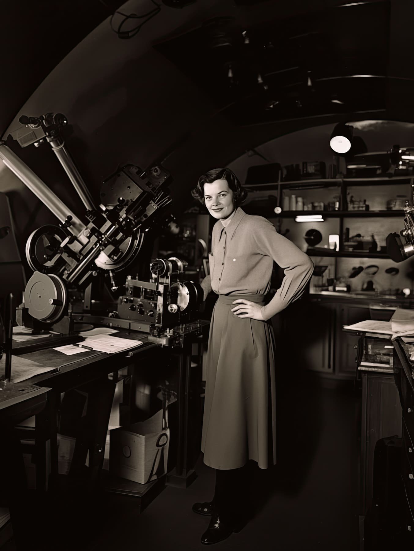 cecilia-payne-gaposchkin-per-KI Frau im langen Rock steht an einer Art Teleskop, Bild im Stil eines historischen schwarz-weiß-Fotos