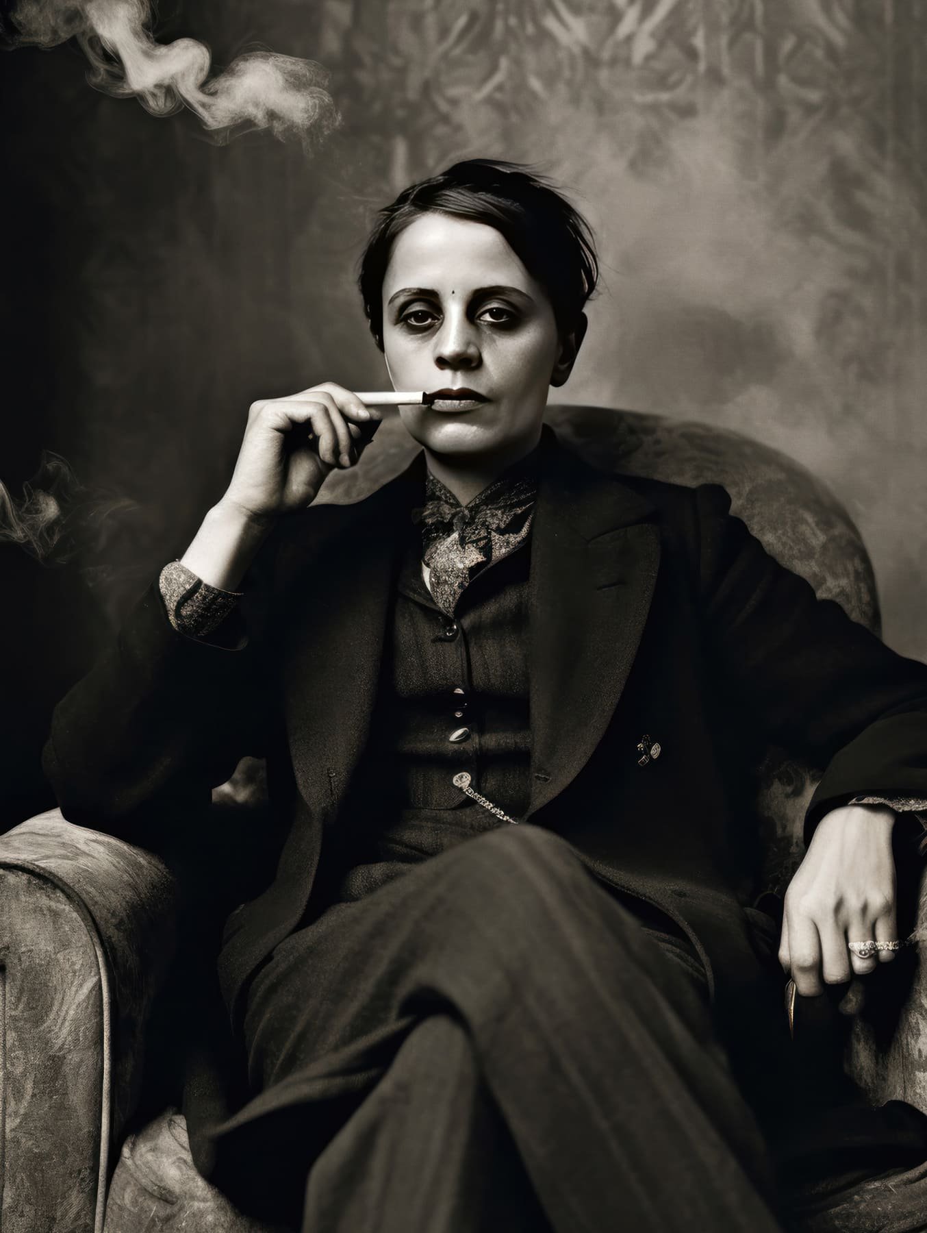 lise-meitner-per-KI Frau mit Herrenanzug sitzt rauchend in einem Sessel - Bild im schwarz-weiß-Foto-Stil