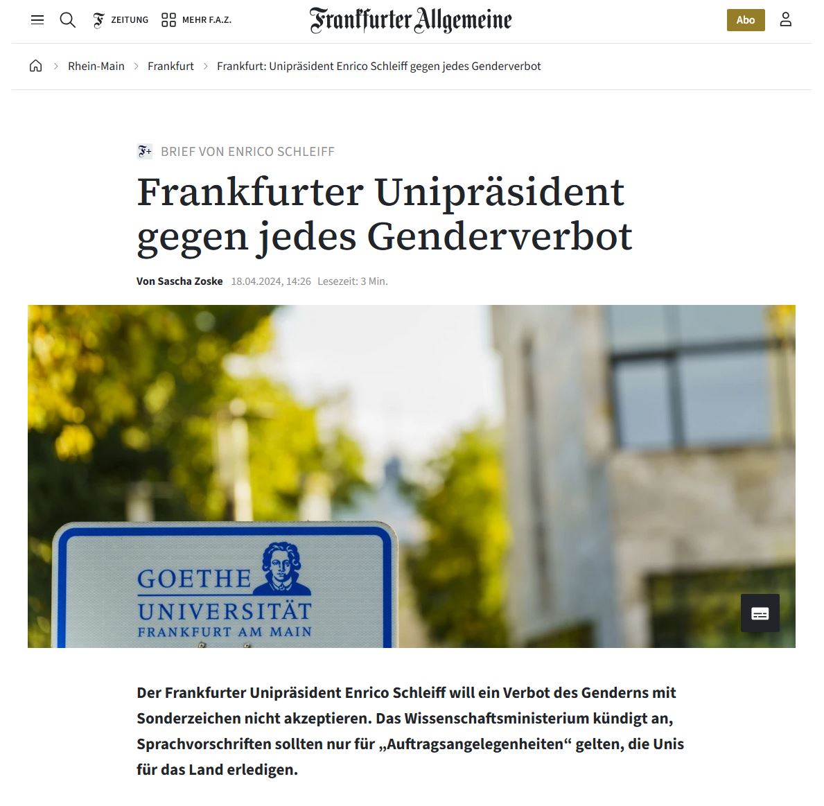 Screenshot Artikel mit Überschrift: Frankfurter Unipräsident gegen jedes Genderverbot