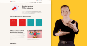 Junge Frau steht vor der Startseite von Genderleicht.de mit der Gebärde für Willkommen.
