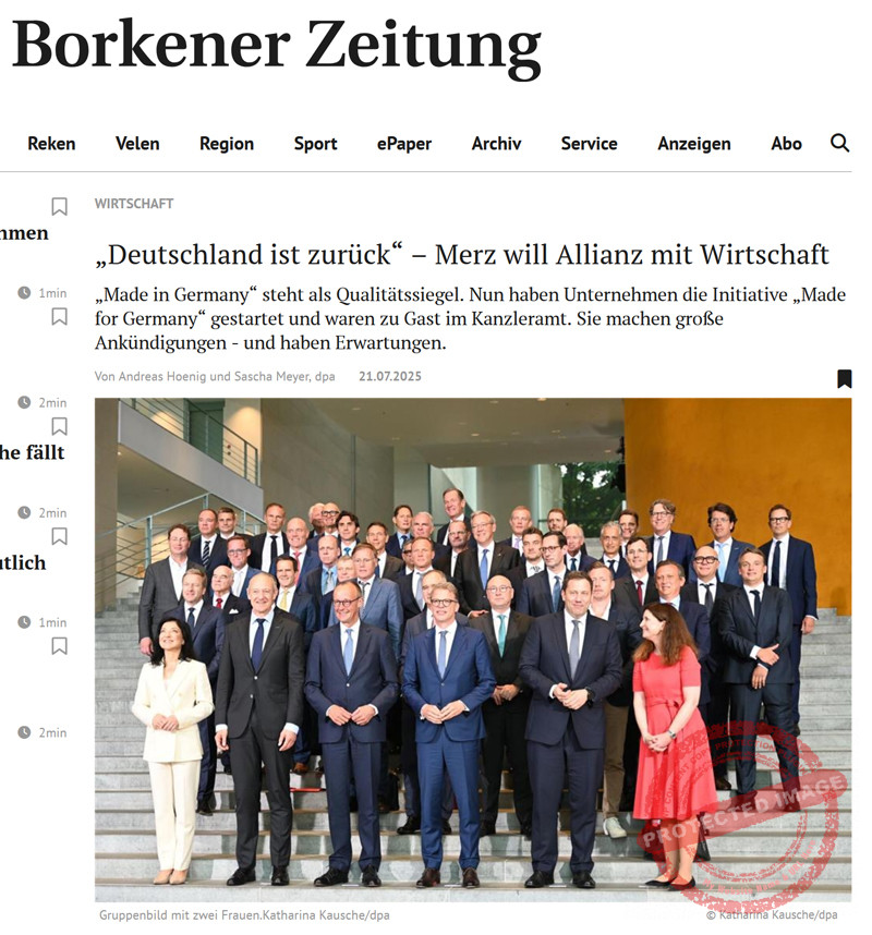 Screenshot Borkener Zeitung: Gruppenbild Bundeswirtschaftsgipfel mit 44 M&auml;nnern und zwei Frauen